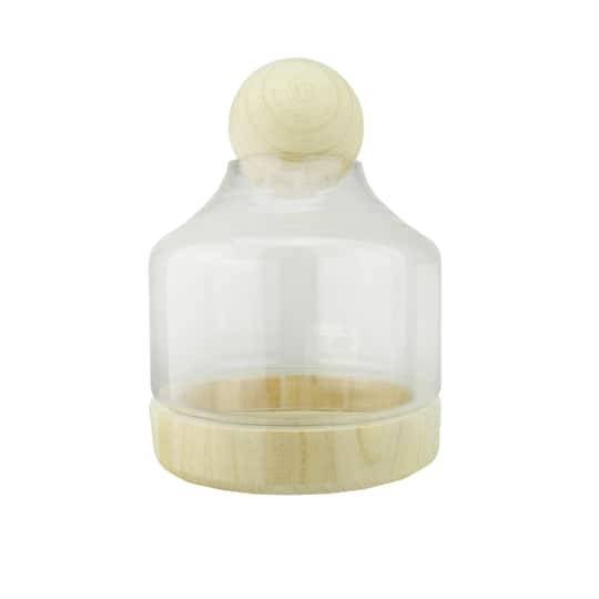 12.5" Transparent Glass Hurricane with Decorative Wooden Lid & Base